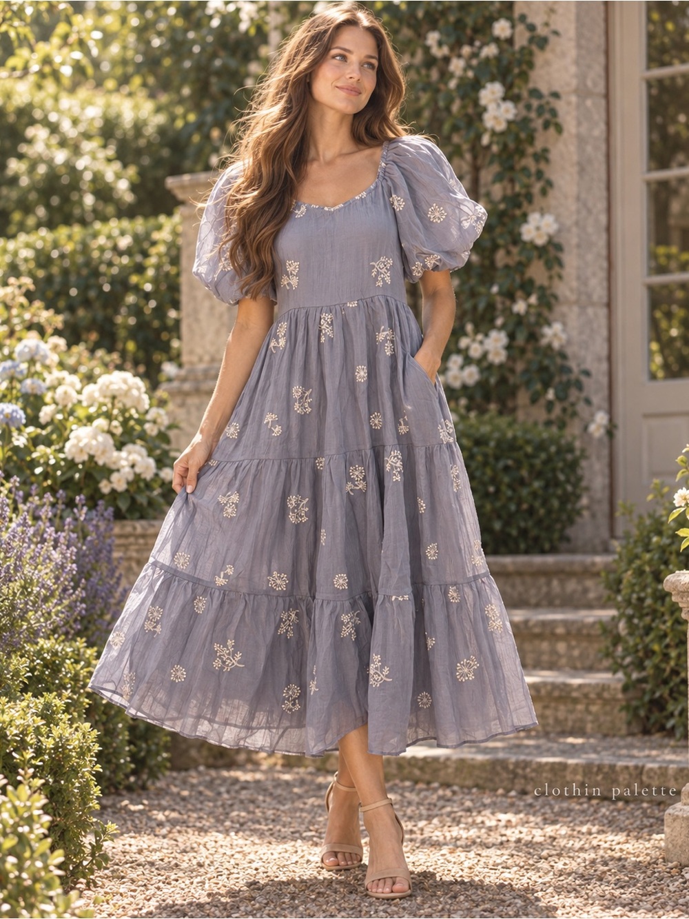 NWT Tea N Rose PinkBlush Light Blue Embroidered Tiered Midi Dress S